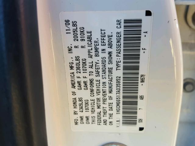 1HGCM66517A035952 - 2007 HONDA ACCORD EX WHITE photo 10