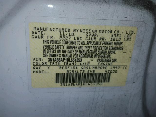 3N1AB6AP1BL651353 - 2011 NISSAN SENTRA 2.0 WHITE photo 10