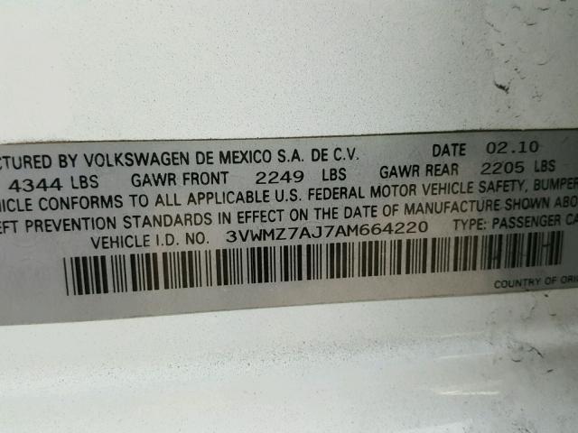 3VWMZ7AJ7AM664220 - 2010 VOLKSWAGEN JETTA S WHITE photo 10