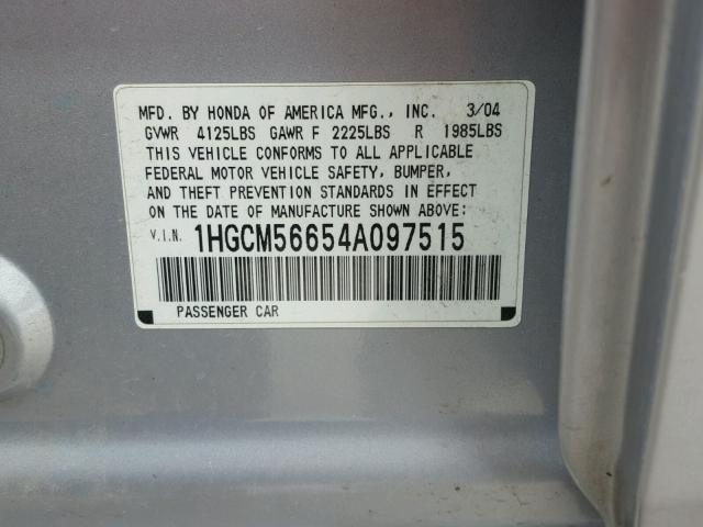 1HGCM56654A097515 - 2004 HONDA ACCORD EX GRAY photo 10