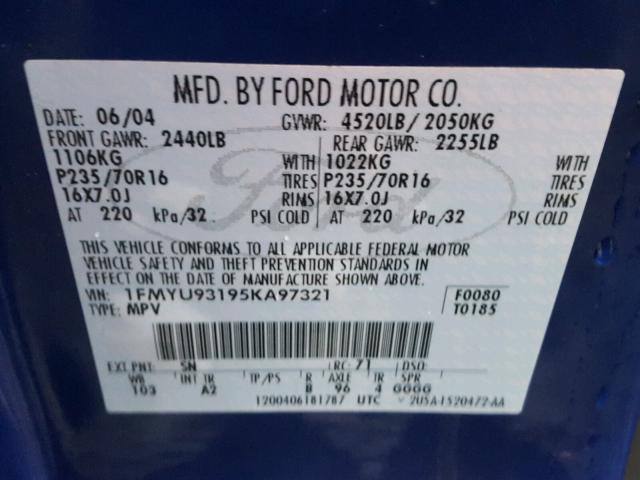 1FMYU93195KA97321 - 2005 FORD ESCAPE XLT BLUE photo 10