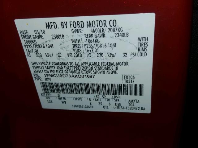 1FMCU9D73AKD01697 - 2010 FORD ESCAPE XLT RED photo 10