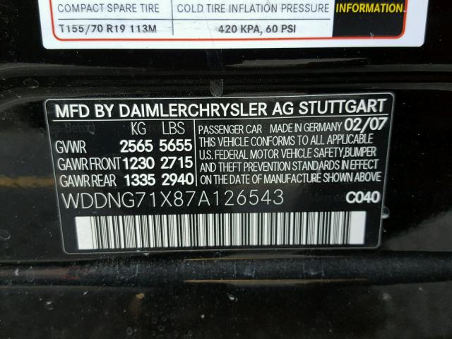 WDDNG71X87A126543 - 2007 MERCEDES-BENZ S 550 BLACK photo 10