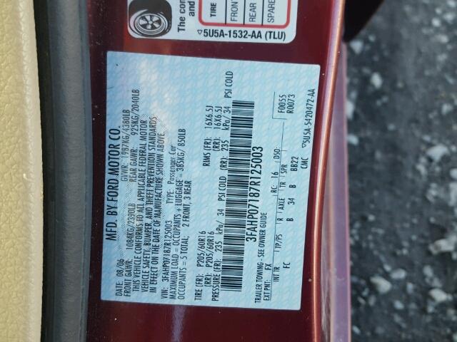 3FAHP07187R125003 - 2007 FORD FUSION SE MAROON photo 10