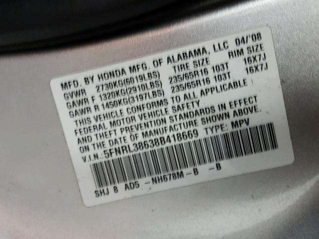 5FNRL38638B418669 - 2008 HONDA ODYSSEY EX SILVER photo 10