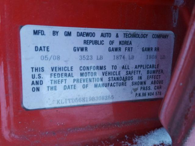 KL1TD56E19B308255 - 2009 CHEVROLET AVEO LS RED photo 10