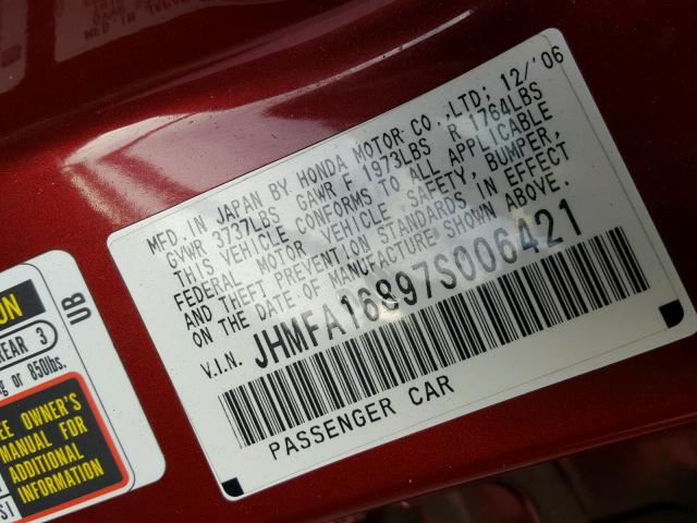 JHMFA16897S006421 - 2007 HONDA CIVIC EX BURGUNDY photo 10