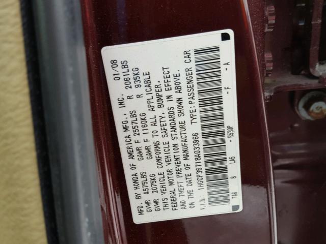 1HGCP36718A033966 - 2008 HONDA ACCORD EX MAROON photo 10