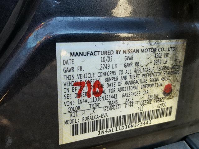 1N4AL11D36N325441 - 2006 NISSAN ALTIMA S GRAY photo 10