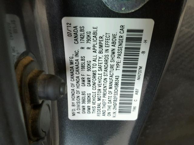 2HGFB2F53CH586343 - 2012 HONDA CIVIC LX GRAY photo 10