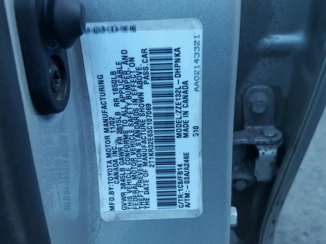 2T1KR32E63C107069 - 2003 TOYOTA COROLLA MA SILVER photo 10