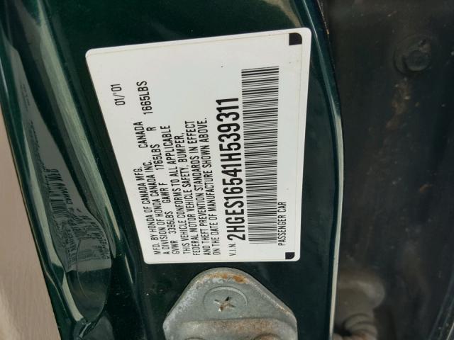 2HGES16541H539311 - 2001 HONDA CIVIC LX GREEN photo 10