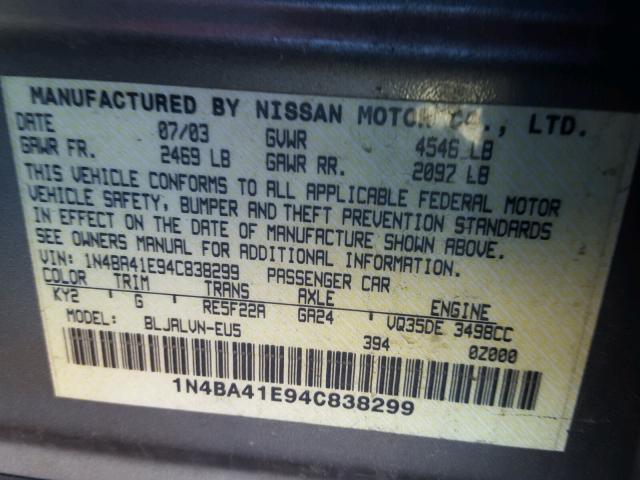 1N4BA41E94C838299 - 2004 NISSAN MAXIMA SE GRAY photo 10