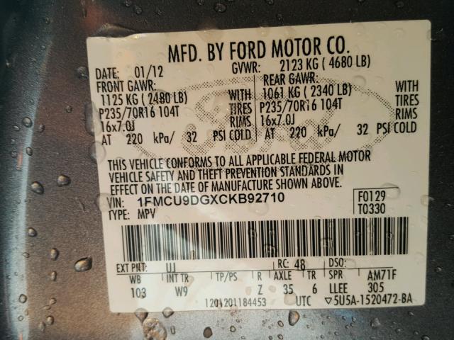 1FMCU9DGXCKB92710 - 2012 FORD ESCAPE XLT GRAY photo 10