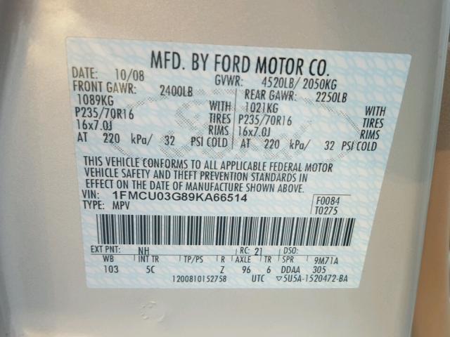 1FMCU03G89KA66514 - 2009 FORD ESCAPE XLT CREAM photo 10