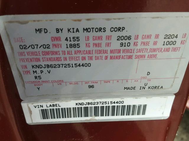 KNDJB623725154400 - 2002 KIA SPORTAGE MAROON photo 10