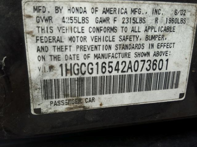 1HGCG16542A073601 - 2002 HONDA ACCORD EX BLACK photo 10