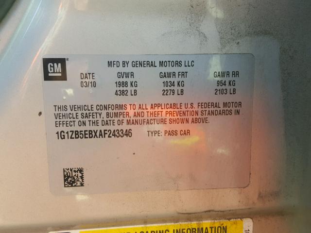 1G1ZB5EBXAF243346 - 2010 CHEVROLET MALIBU LS თაფლისფერი ფოტო 10