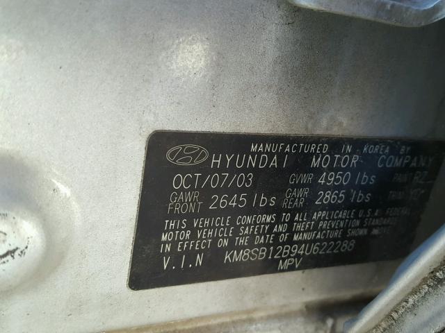 KM8SB12B94U622288 - 2004 HYUNDAI SANTA FE G SILVER photo 10