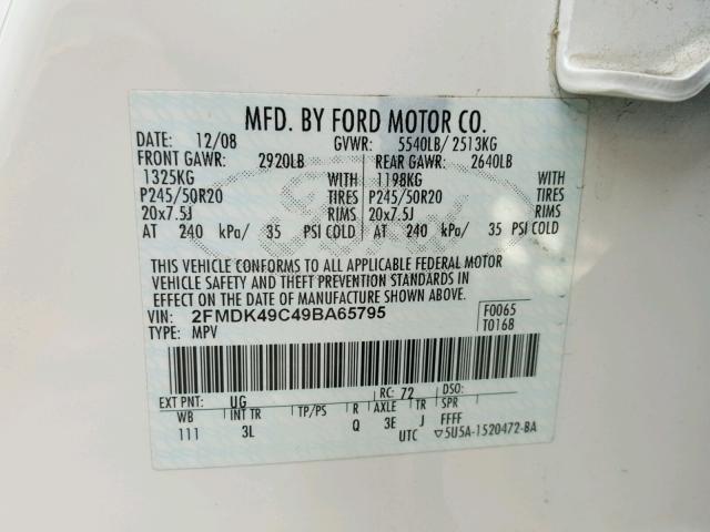 2FMDK49C49BA65795 - 2009 FORD EDGE LIMIT WHITE photo 10