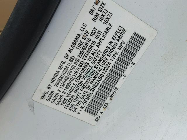 5FNRL3H62AB012324 - 2010 HONDA ODYSSEY EX WHITE photo 10