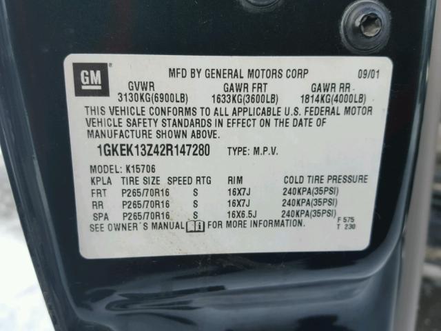 1GKEK13Z42R147280 - 2002 GMC YUKON GREEN photo 10