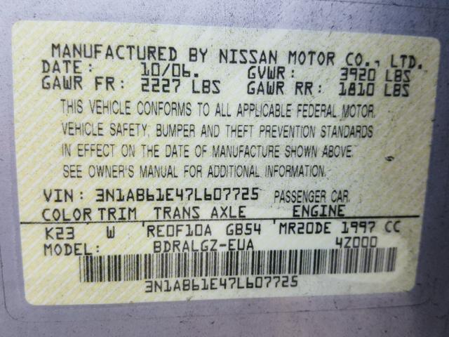 3N1AB61E47L607725 - 2007 NISSAN SENTRA 2.0 SILVER photo 10