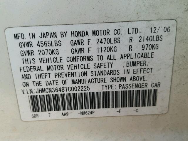 JHMCN36487C002225 - 2007 HONDA ACCORD HYB WHITE photo 10