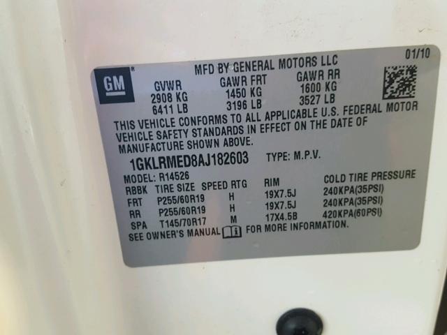 1GKLRMED8AJ182603 - 2010 GMC ACADIA SLT თეთრი ფოტო 10