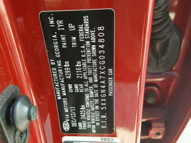 5XXGN4A7XCG034808 - 2012 KIA OPTIMA EX RED photo 10