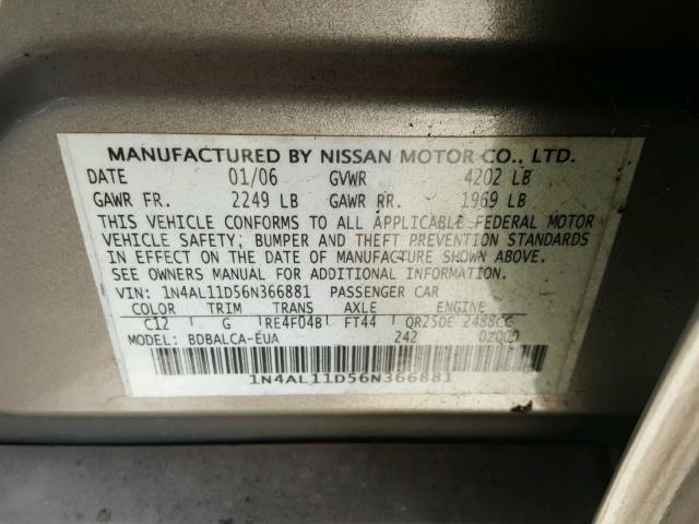 1N4AL11D56N366881 - 2006 NISSAN ALTIMA S GOLD photo 10