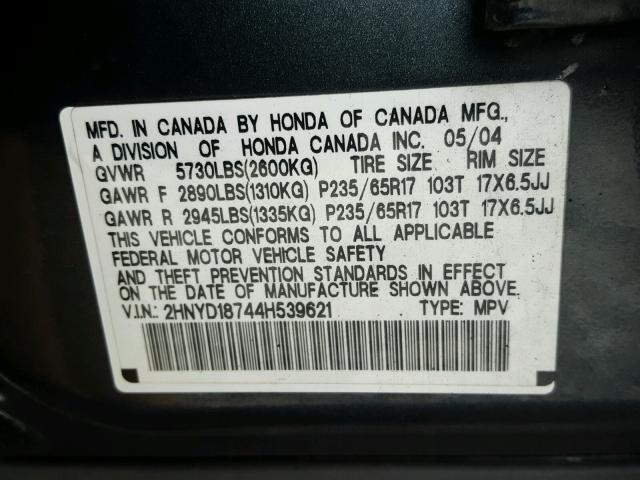 2HNYD18744H539621 - 2004 ACURA MDX TOURIN GRAY photo 10