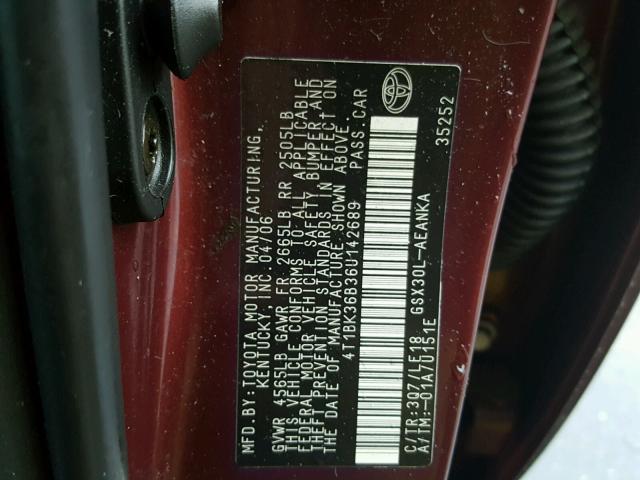 4T1BK36B36U142689 - 2006 TOYOTA AVALON XL BURGUNDY photo 10