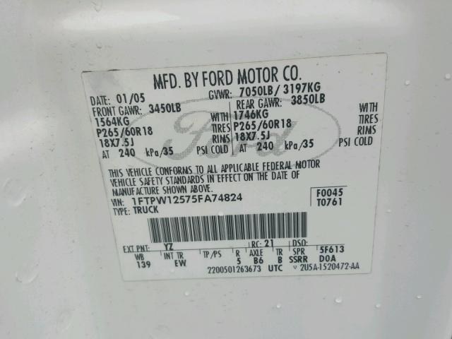 1FTPW12575FA74824 - 2005 FORD F150 SUPER WHITE photo 10