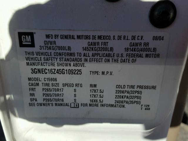 3GNEC16Z45G109225 - 2005 CHEVROLET SUBURBAN C WHITE photo 10