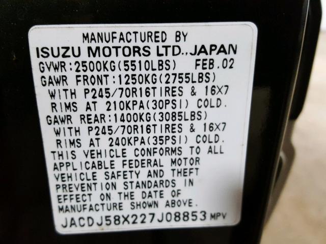 JACDJ58X227J08853 - 2002 ISUZU TROOPER S GREEN photo 10