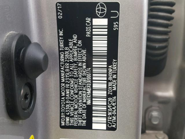 NMTKHMBX0JR000774 - 2018 TOYOTA C-HR XLE SILVER photo 10