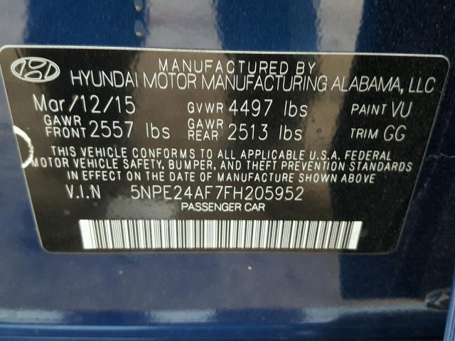 5NPE24AF7FH205952 - 2015 HYUNDAI SONATA SE BLUE photo 10