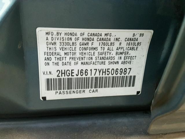 2HGEJ6617YH506987 - 2000 HONDA CIVIC BASE TEAL photo 10