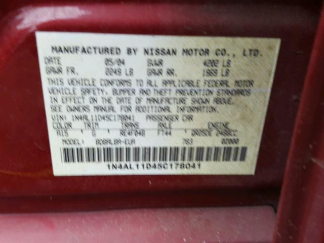 1N4AL11D45C178041 - 2005 NISSAN ALTIMA S BURGUNDY photo 10