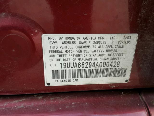 19UUA66294A000428 - 2004 ACURA TL MAROON photo 10