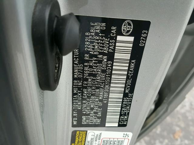 4T1BF30K15U110349 - 2005 TOYOTA CAMRY LE SILVER photo 10