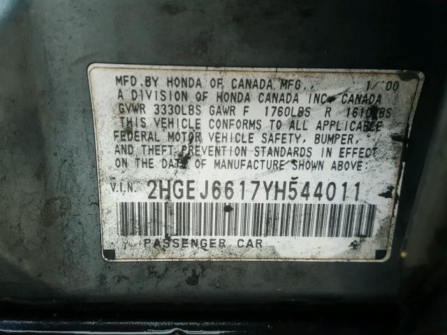 2HGEJ6617YH544011 - 2000 HONDA CIVIC BASE Mavi foto 10