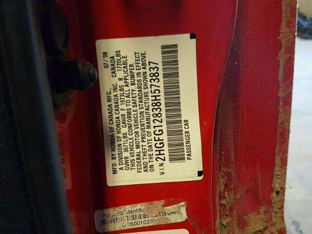 2HGFG12838H573837 - 2008 HONDA CIVIC EX RED photo 10