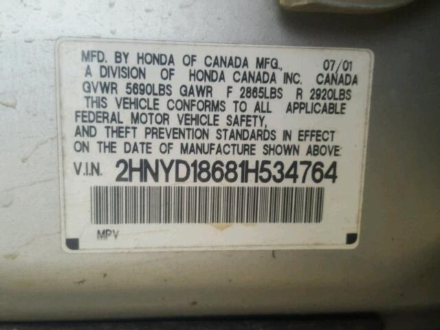 2HNYD18681H534764 - 2001 ACURA MDX TOURIN SILVER photo 10