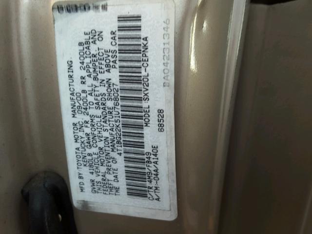 4T1BG22K51U768027 - 2001 TOYOTA CAMRY CE BEIGE photo 10