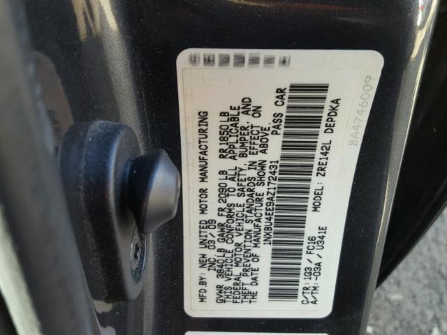 1NXBU4EE9AZ172431 - 2010 TOYOTA COROLLA BA GRAY photo 10