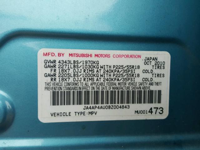 JA4AP4AU0BZ004843 - 2011 MITSUBISHI OUTLANDER BLUE photo 10