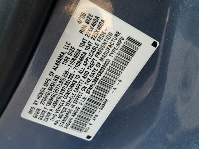 5FNRL38816B099903 - 2006 HONDA ODYSSEY TO BLUE photo 10