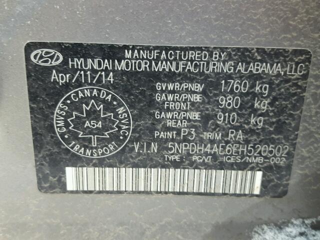 5NPDH4AE6EH520502 - 2014 HYUNDAI ELANTRA SE GRAY photo 10